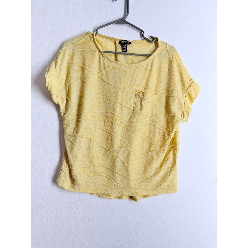 Jones New York Women Yellow Wavy Textured Short Sleeve Pocket Top Keyhole Back S